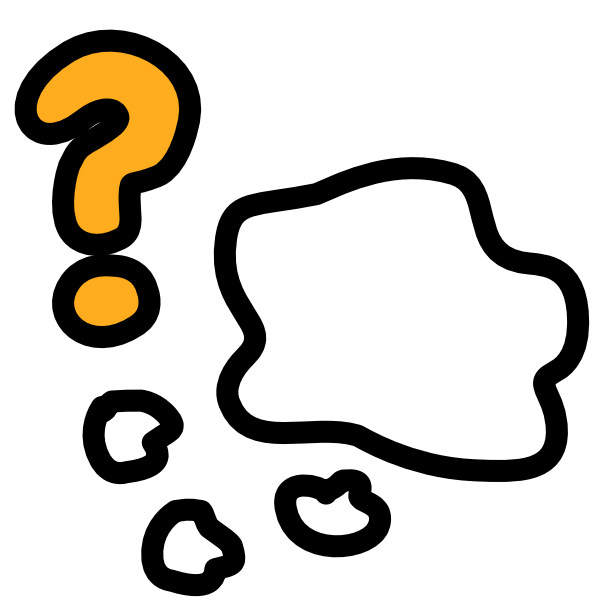 a yellow question mark sits at the top left of the image, below to the right is a thought bubble with trailing clouds